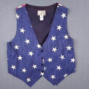 Womens Large Stars and Stripes Americana Patriotic V-Neck Button Vest Made USA‎